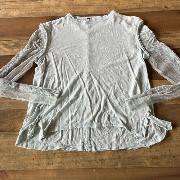 Free People Gray Green Boho Burnout Long Sleeve Top with Lace Sleeves - size X - Picture 1 of 7